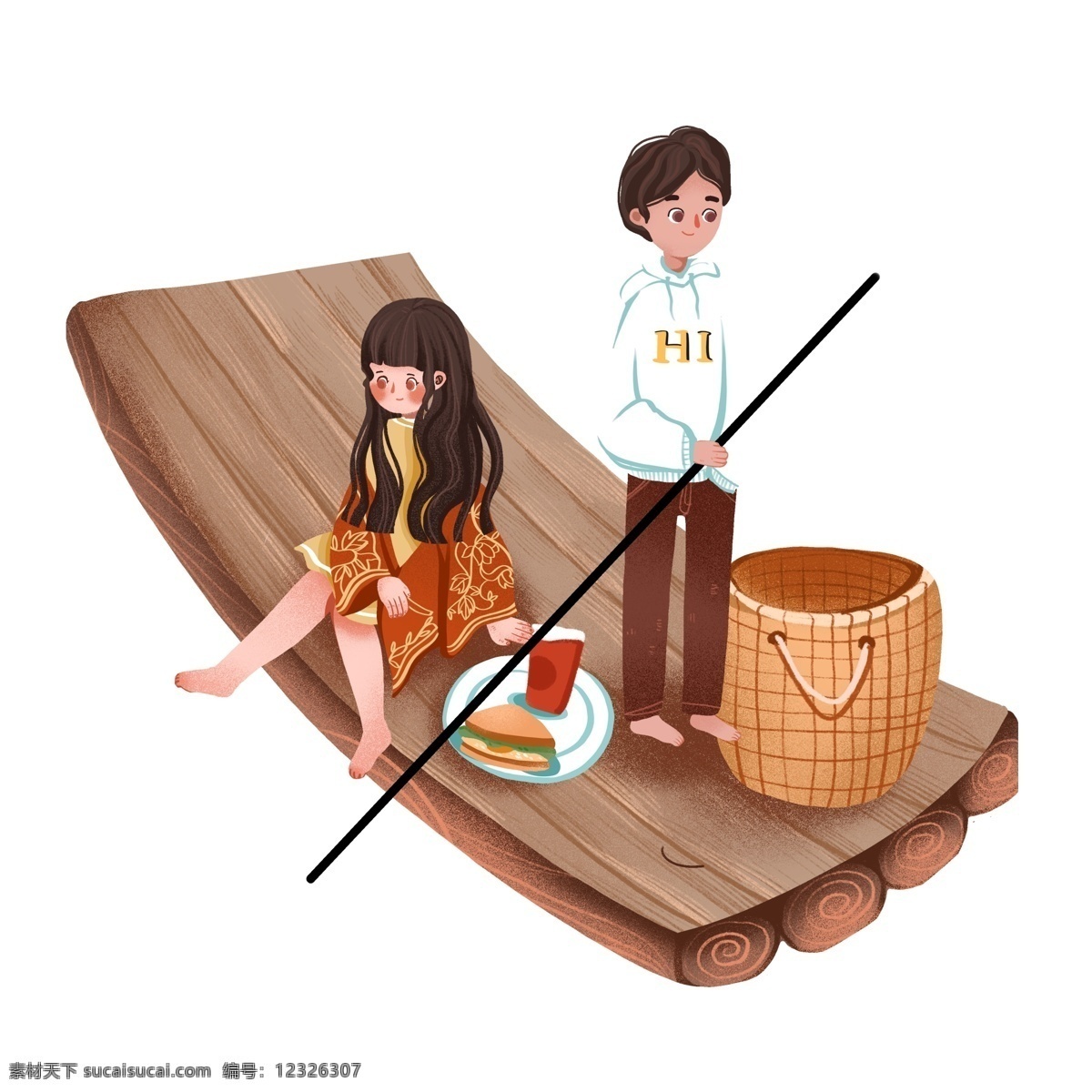 手绘 可爱 情侣 划船 野餐 原创 元素 约会 女孩 男孩 设计元素 木筏 篮子 原创元素