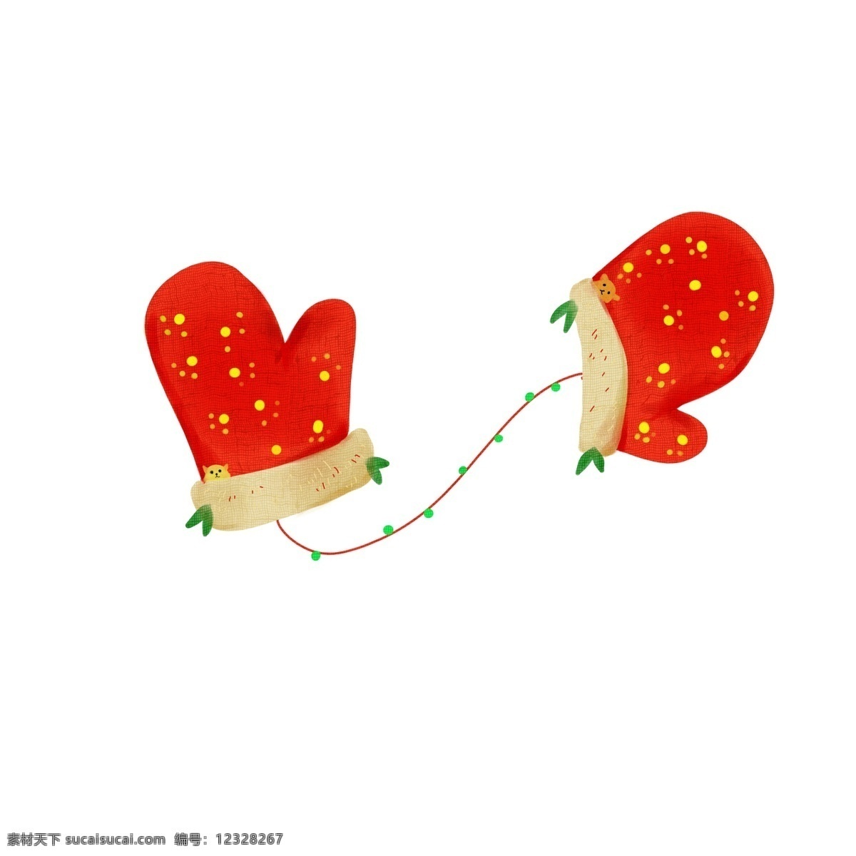 卡通 冬季 小 物 手绘 插画 手套 圣诞手套 装饰物 寒冷 圣诞节 寒冬 手绘插画 可爱 红色 叶子