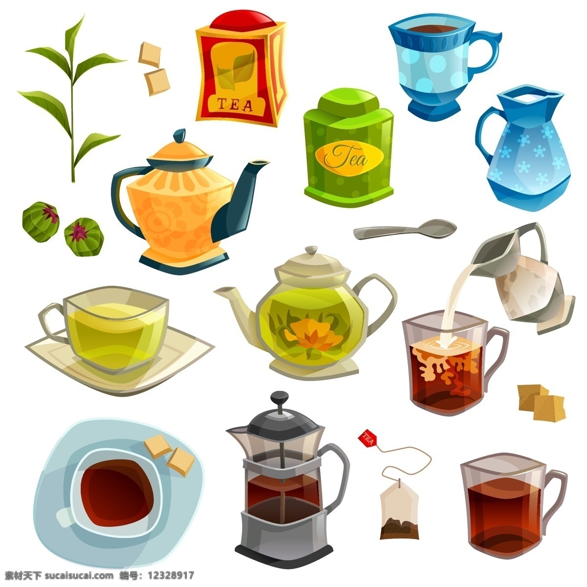 时尚 下午 杯 元素 插画 茶叶 茶壶 杯子 红茶 花茶 咖啡 茶叶包 下午茶