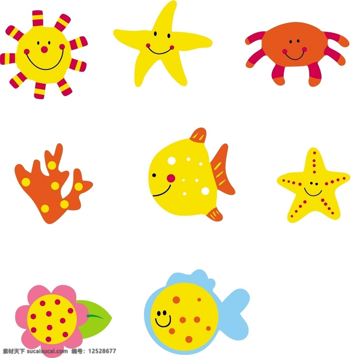 童趣 太阳 星星 珊瑚 鱼 海星星 花儿 涂鸦 乱画 卡通 矢量 海洋生物 生物世界
