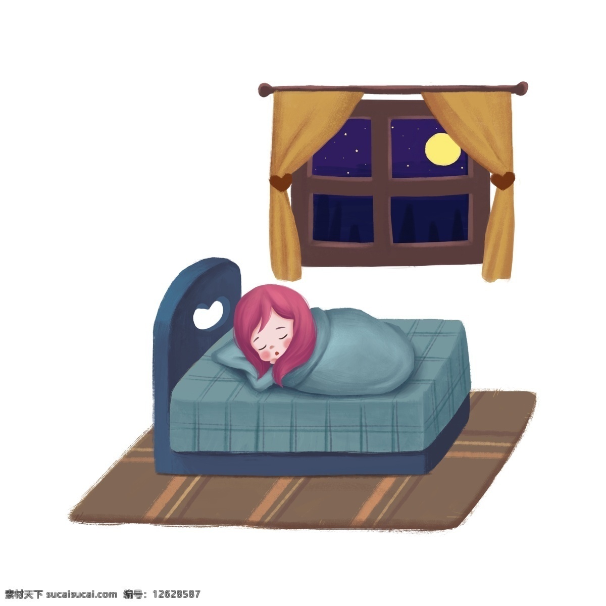 卡通 女孩 睡觉 晚安 图 地毯 窗子 床 萌 夜晚 治愈 沉睡 夜幕降临 休息 房间 梦乡 可爱