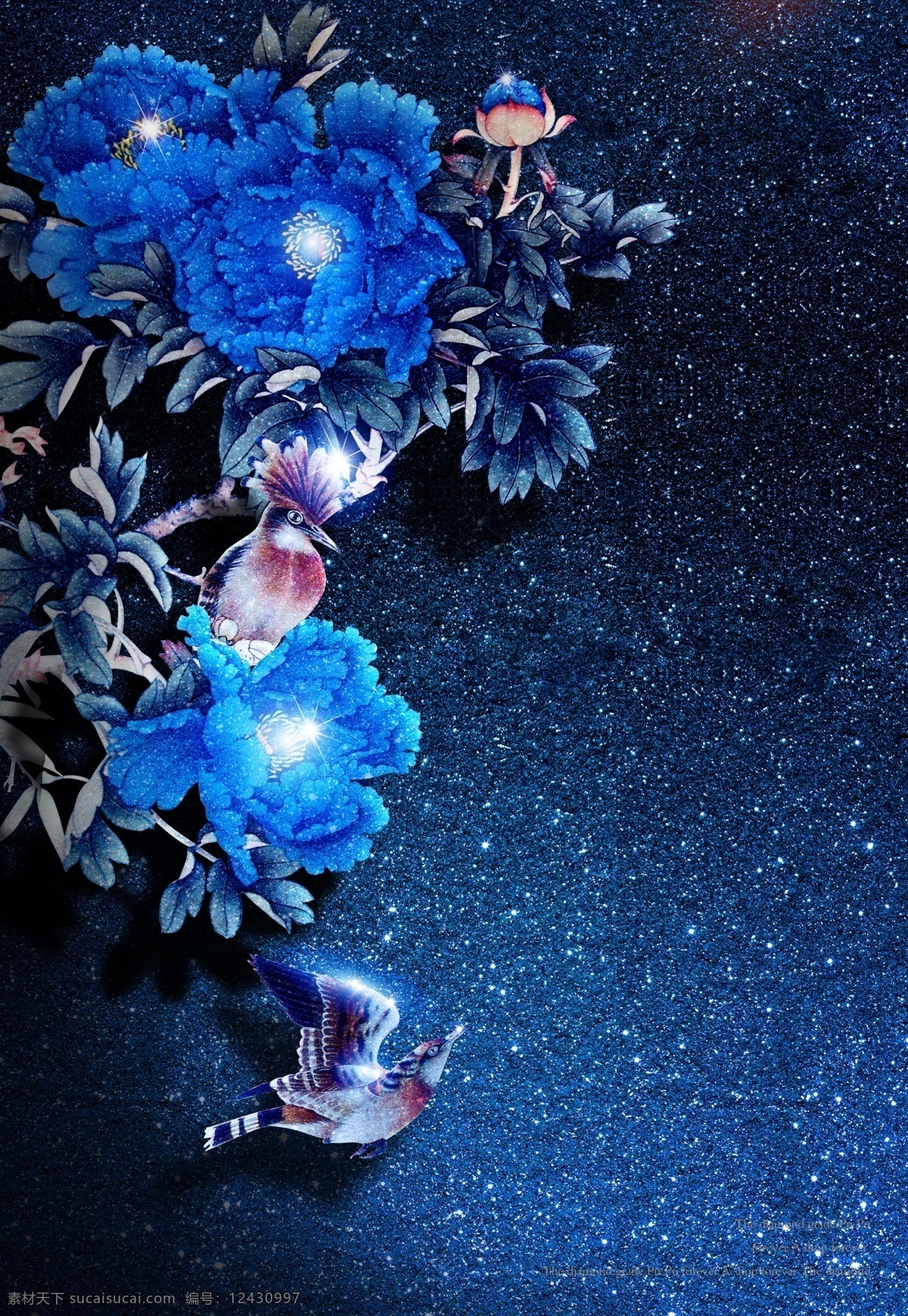 蓝色牡丹背景 高贵花朵 花卉花纹 海报 欧式海报 奢华海报 牡丹 小鸟 风生水起 花 蓝色 蓝色背景 底纹 磨砂背景 磨砂 花朵