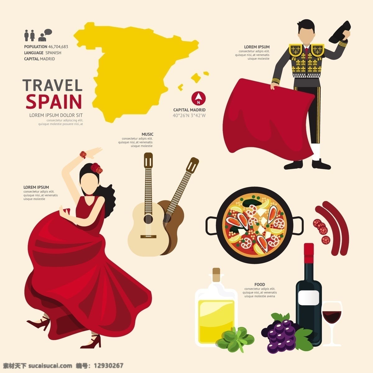 西班牙 文化 元素 西班牙文化 矢量素材 民族特色 扁平化图标 西班牙旅游 旅行 旅游景点 著名景点 旅游图标 斗牛士 吉他 葡萄酒 eps格式 卡通设计 白色