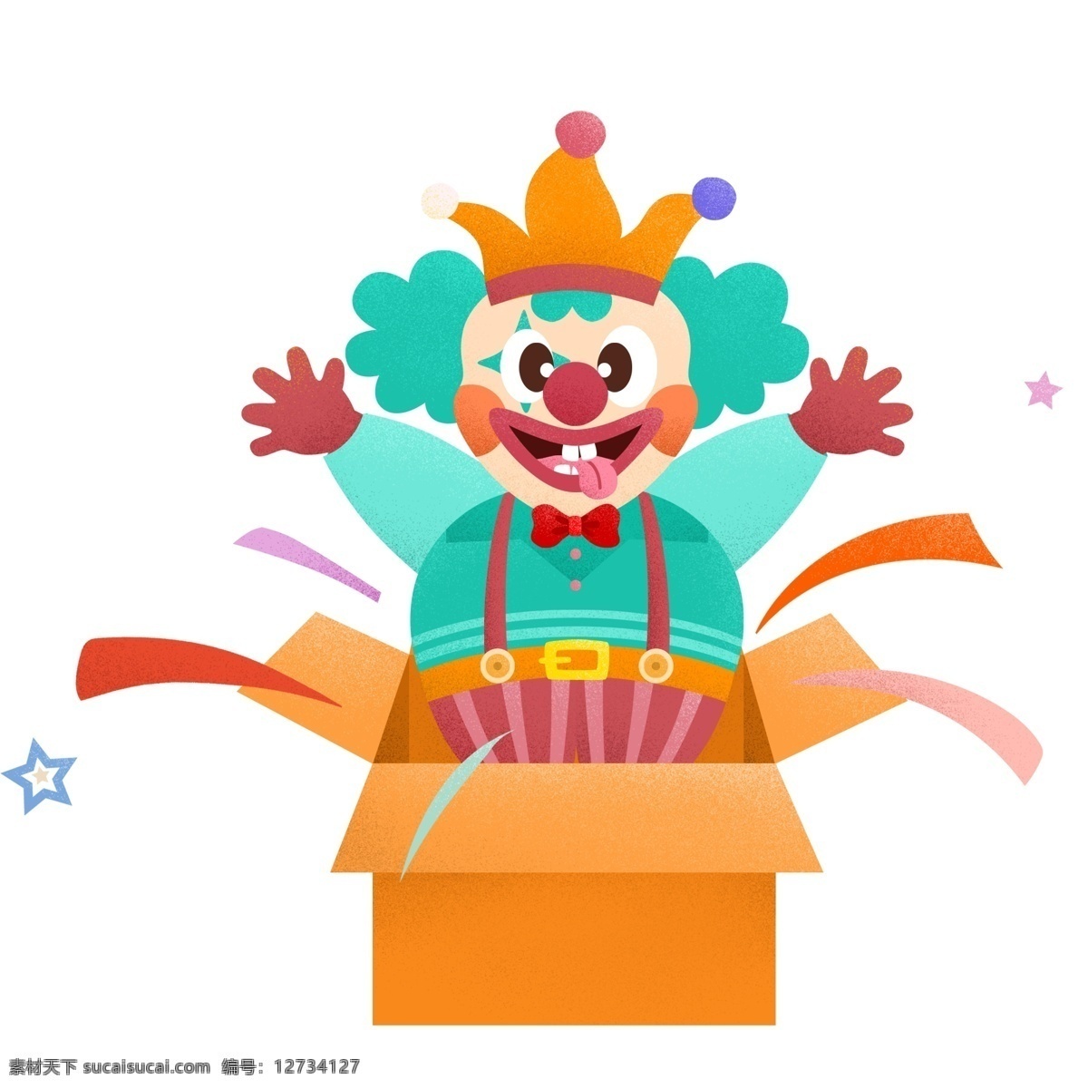 一个 纸箱 蹦 出 小丑 礼品盒 节日礼物 新年礼物 庆祝 节日 庆典 惊喜 彩带 举手 有趣玩耍 快乐氛围
