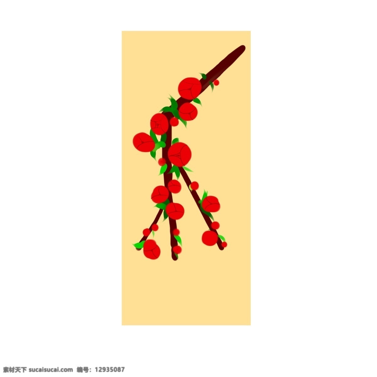 海棠树 红色 花苞 朵 花苞朵 红色的 树枝 方形的背景 叶子 海棠花 原创插画 红色的花苞 方形的