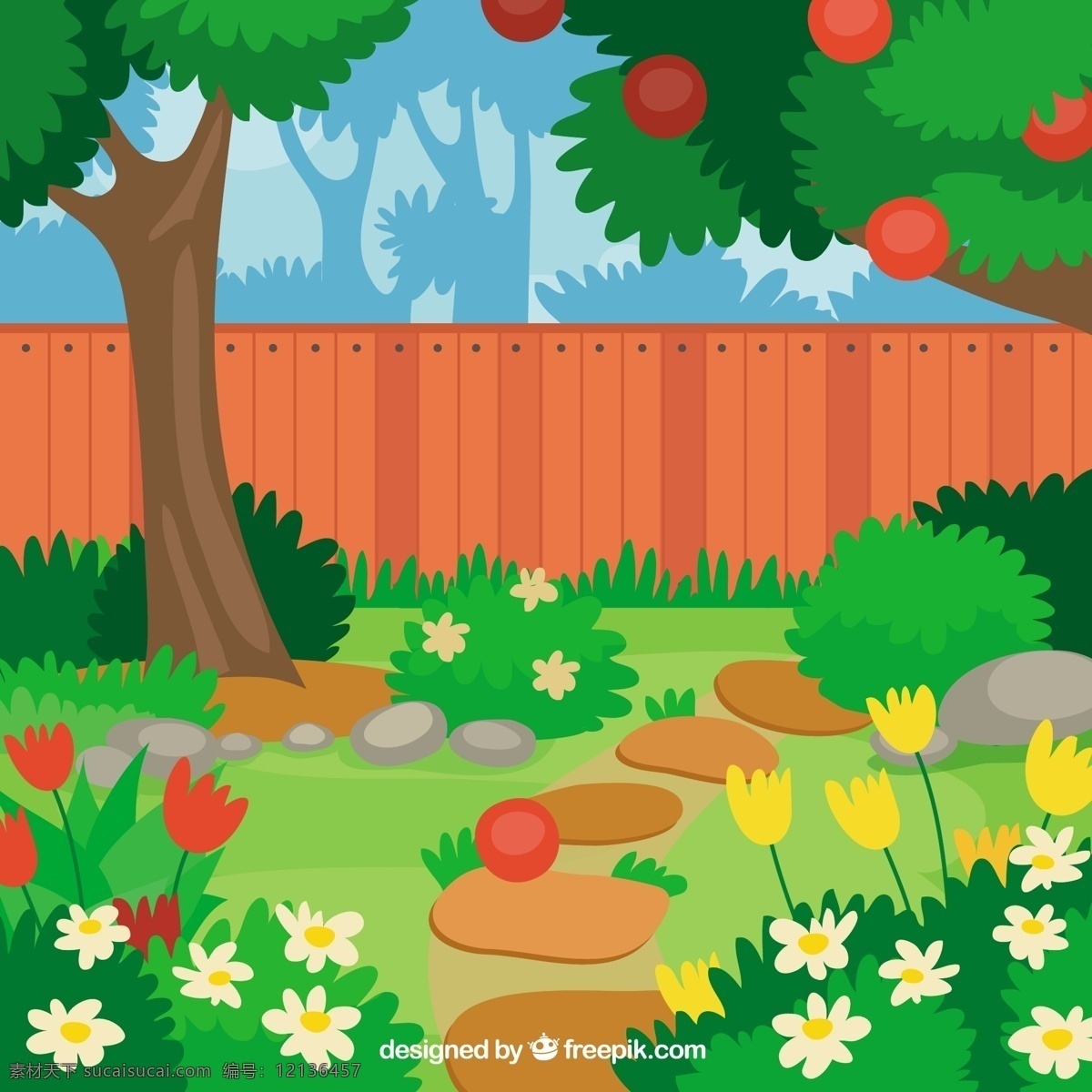 可爱 苹果树 花园 中 树 花 自然 绿色 颜色 苹果 平坦 蔬菜 工具 丰富多彩 植物 围栏 园艺