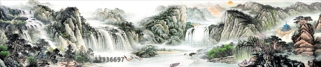 山水图 古墨画 河流 森林 瀑布