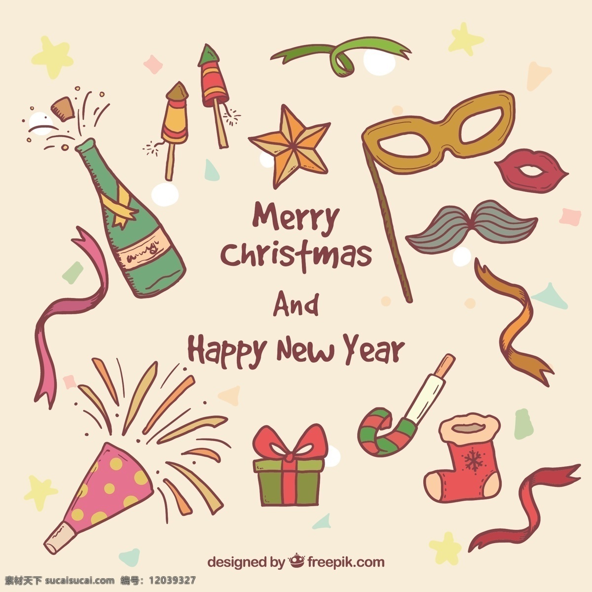 手绘 圣诞 派对 元素 圣诞节 快乐 新的一年 快活 冬季 绘制 庆祝活动 五彩纸屑 香槟 事件 假日 面具 绘图 乐趣