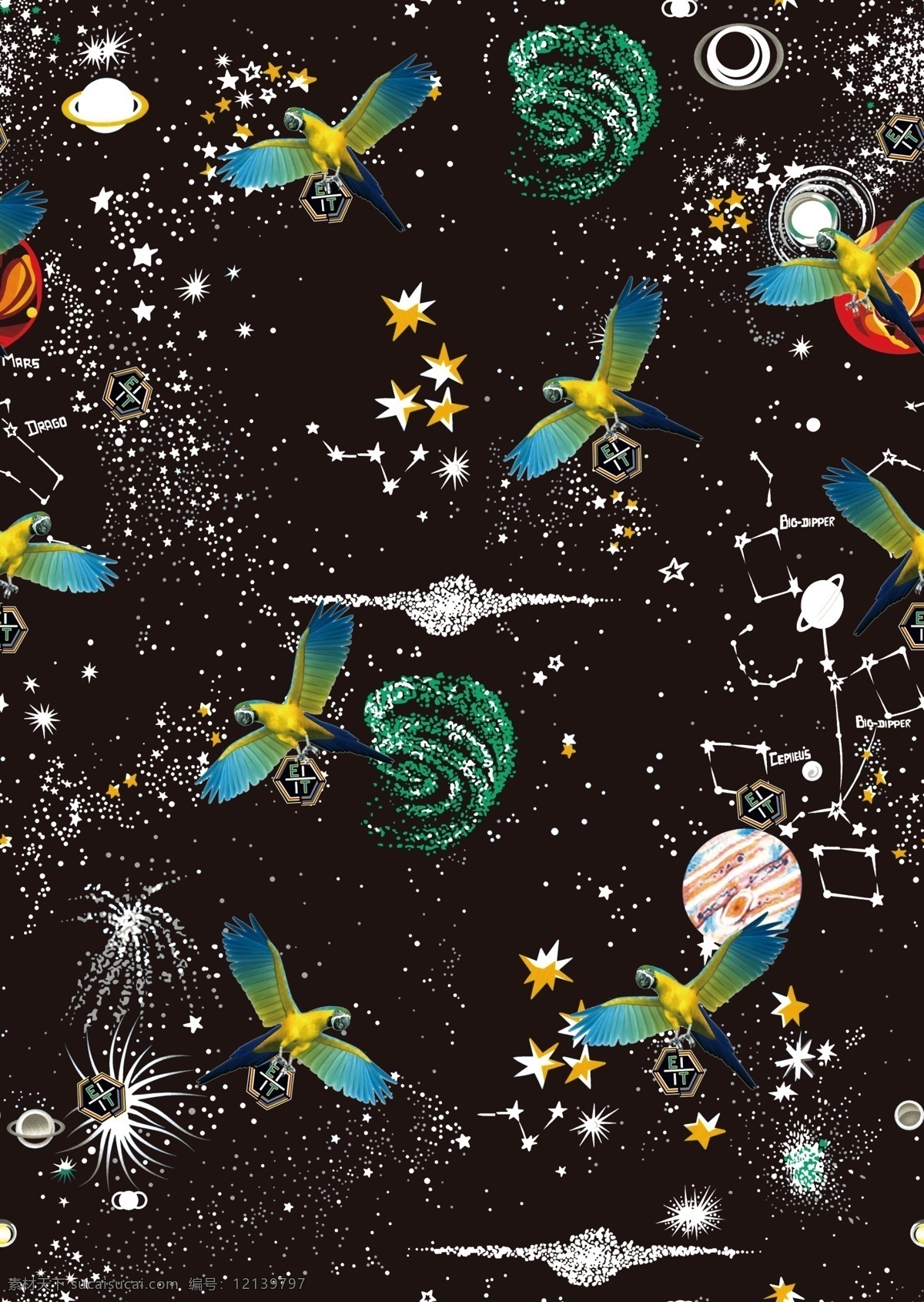 星空 星星 太空 星球 鸟 动物 布匹 光晕 星光 服装设计