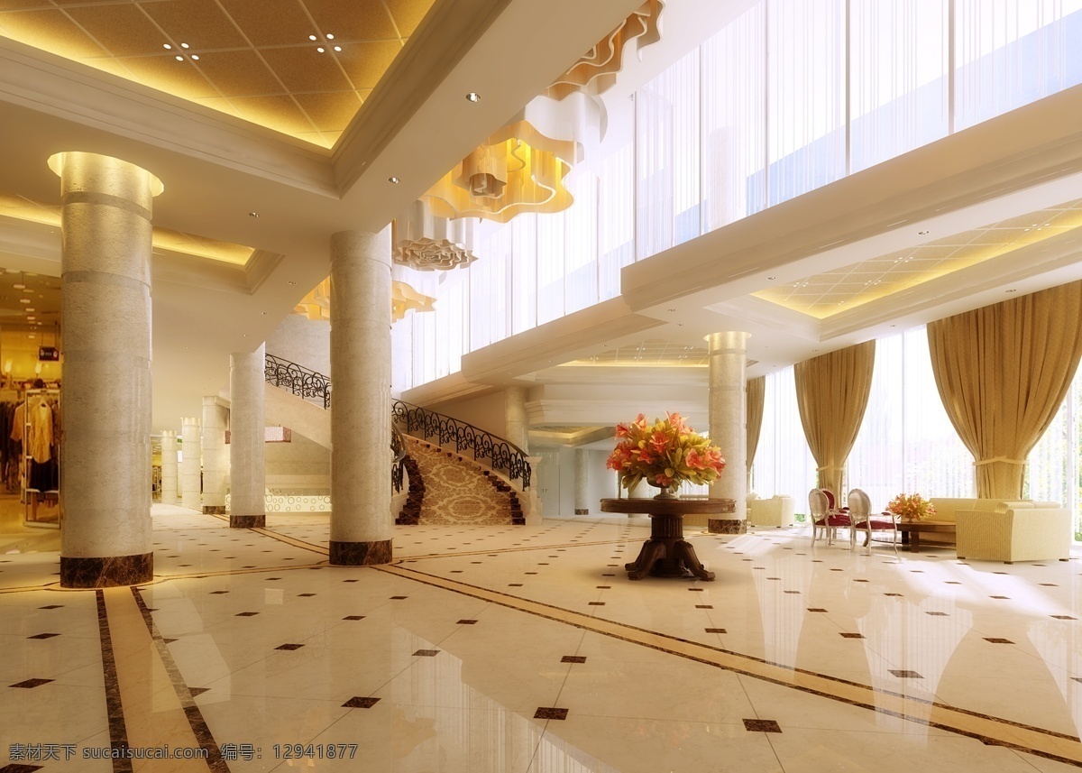 大厅 地面拼花 环境设计 酒店 效果图 室内设计 设计素材 模板下载 造型天花 旋转楼梯 家居装饰素材