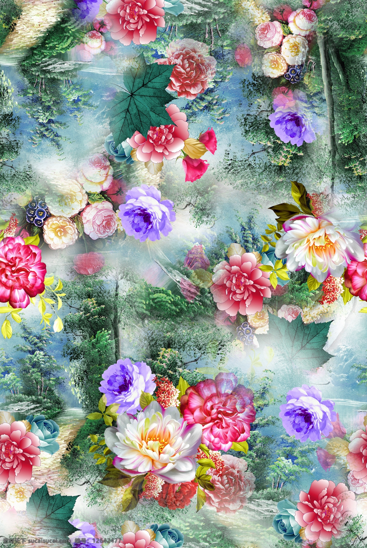 数码印花 中国风 印花图 服装图案 旗袍 花朵 风景 回位 四方连续 复古 原创 服装 数码 花型 服装设计