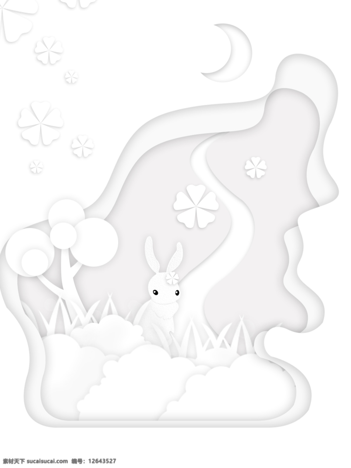 纯白 场景 立体 剪纸 背景 剪纸背景 兔子 可爱 简约 微立体