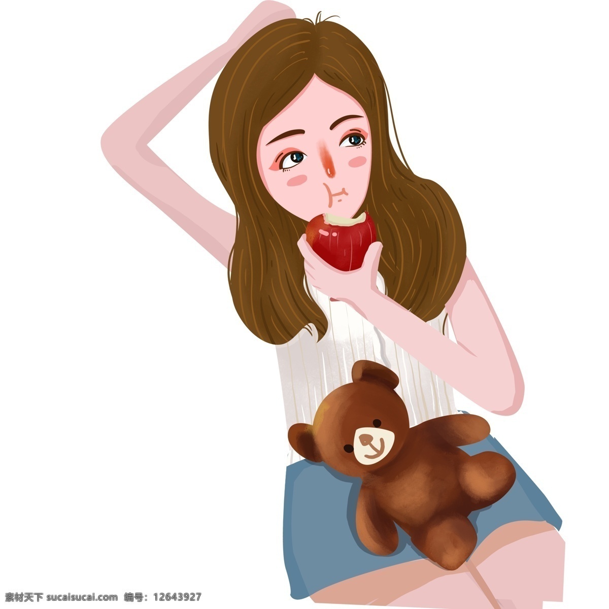 清新 手绘 吃 苹果 女孩 插画 人物 卡通 可爱 吃苹果