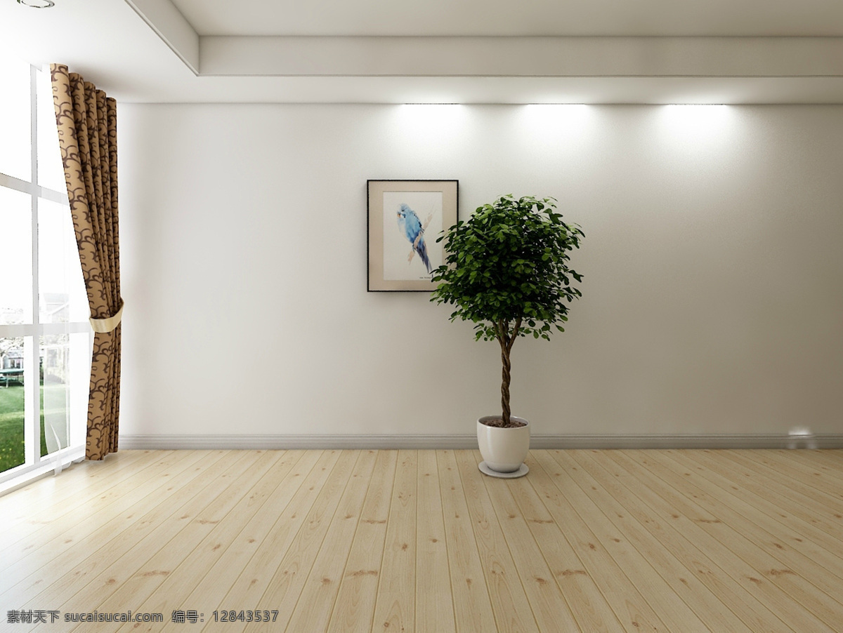 室内设计 效果图 室内场景 客厅 卧室 空房间 绿植 白墙 窗帘 地板 画 3d 3d设计 3d作品
