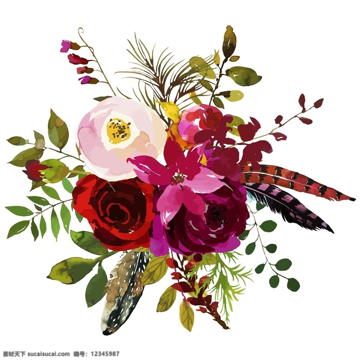 水彩 创意 花朵 植物 装饰 水彩植物花朵 花朵花圈 装饰图案 婚礼装饰 玫瑰花 边框装饰 树枝树叶 花束装饰
