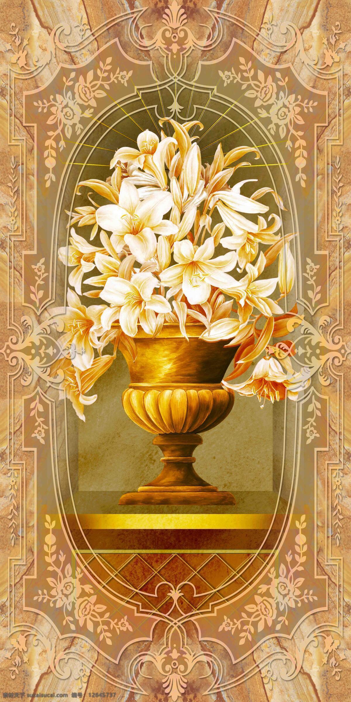 玄关 装饰画 背景 大理石 花瓶 花朵 欧式花边 金色