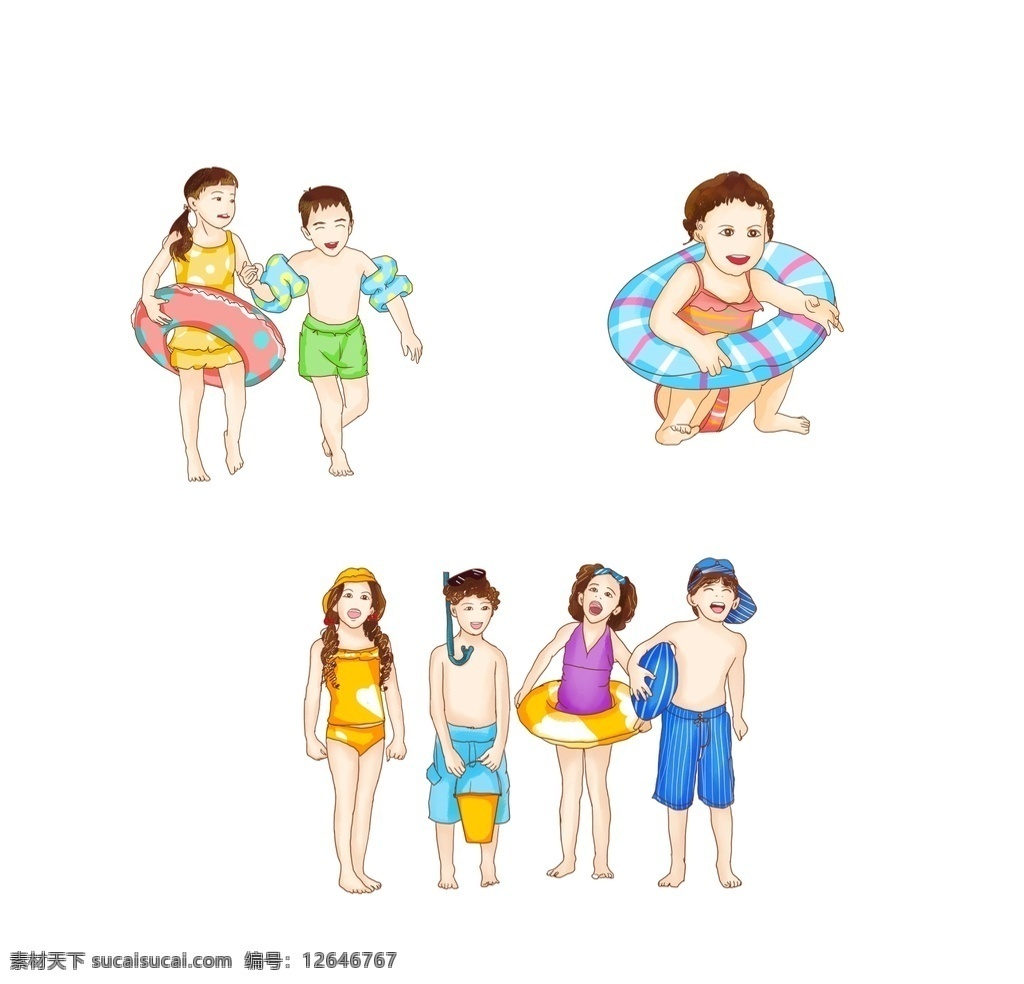 小孩 沙滩 人物 游泳圈 夏天 海边 动漫动画