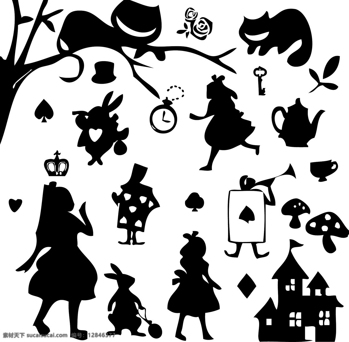 愛 麗 絲 夢 遊 仙境 剪影 矢量 愛麗絲 夢遊仙境 妙妙貓 時間兔 撲克牌 城堡 童話鎮 夢幻 日系 动漫动画 动漫人物