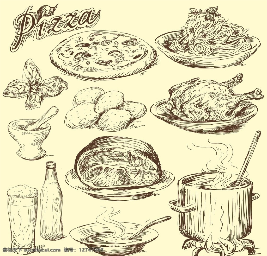 食物 矢量 线条 素描 简笔画 美食 烧鸡 披萨 卡通 源文件 卡通设计