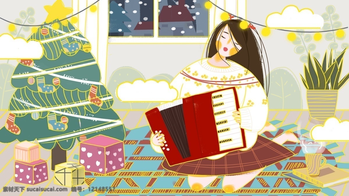 流光溢彩 圣诞快乐 弹 手风琴 女孩 插画 圣诞树