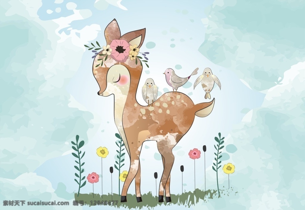 可爱的小鹿 可爱 小鹿 朋友 小鸟 花朵 动物 底纹边框 背景底纹