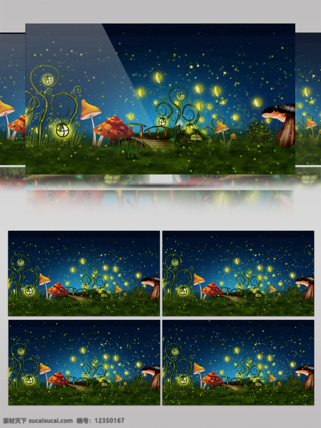 夜晚 美丽 童话 世界 视频 草丛 蘑菇 星空 花朵 视频素材 萤火虫