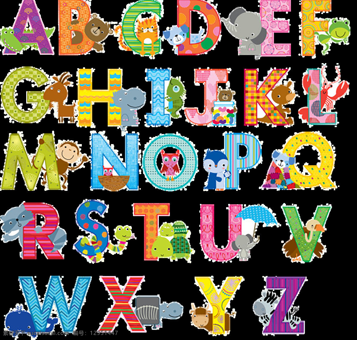 动物 卡通 艺术 字母 26个字母 英文字母 卡通字母 动物装饰字母 字母元素 艺术字母 大写艺术字母 彩色字母