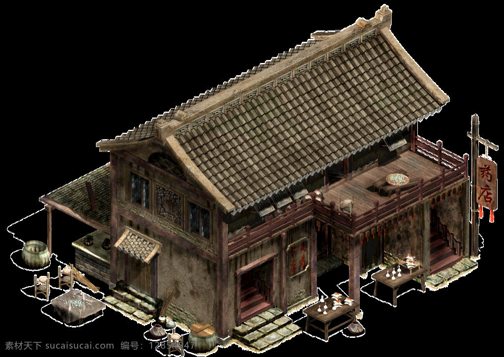 古代 饭店 模型 元素 中国风 复古 木质饭店 客栈 免抠