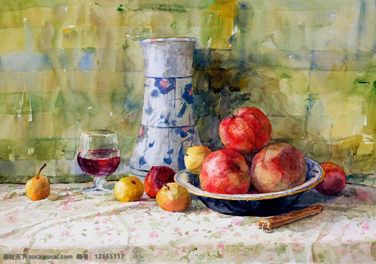 水果静物 美术 水彩画 静物画 水果 苹果 梨子 盆子 陶瓷 红酒 水彩画艺术 作品集 绘画书法 文化艺术