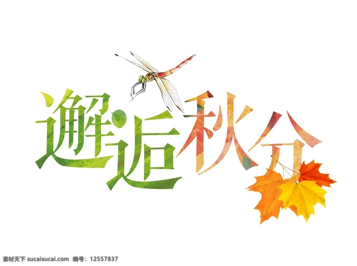 邂逅 秋分 艺术 字 秋天 树叶 渐变 绿色 黄色 艺术字 蜻蜓