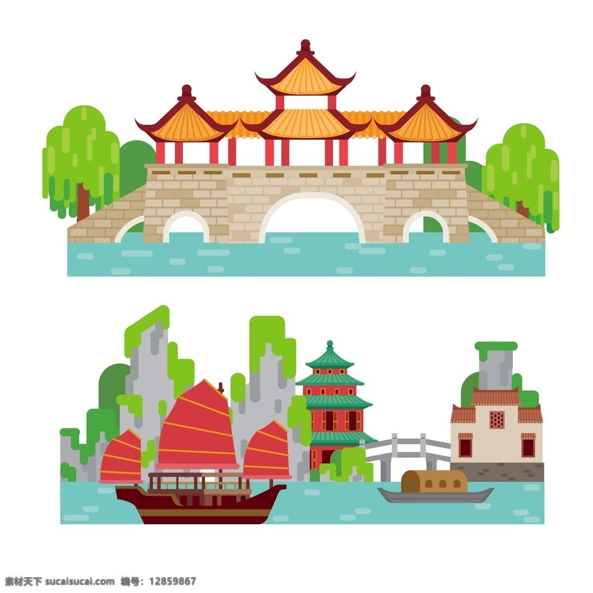 中式园林风景 卡通 建筑 中式 园林 风景