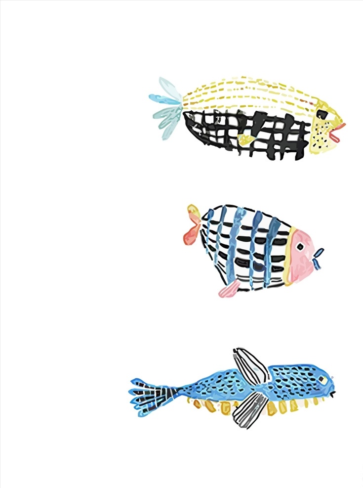 手绘 彩绘 三条 鱼类 装饰画 抽象 背景墙 绘画 肌理 鱼 文化艺术 绘画书法