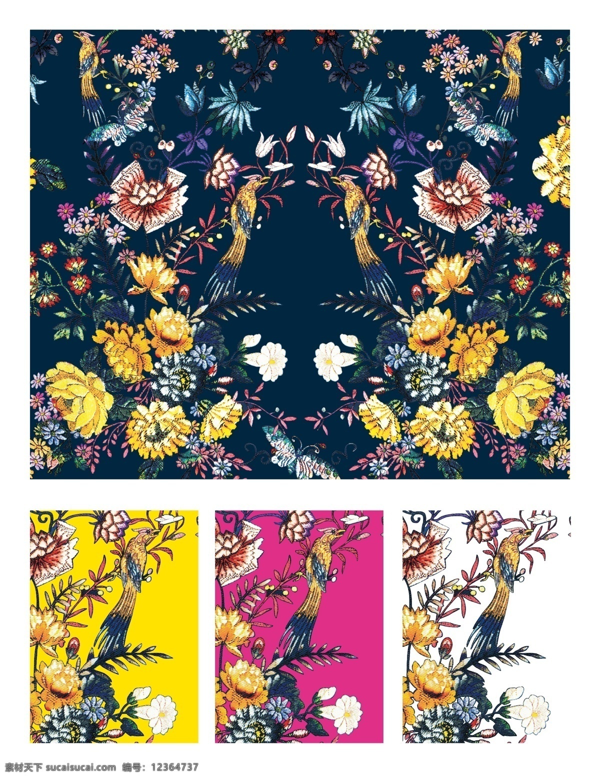 凤凰 鸟 叶子 花 数码 印花 数码印花 服装 鞋材 花型 图案 凤凰鸟 花朵 花蕊 小碎花
