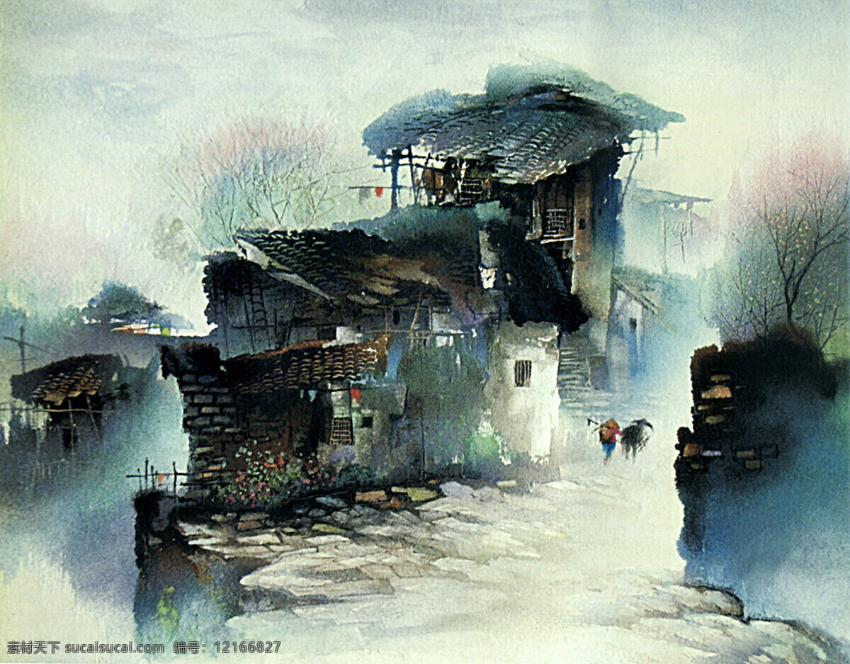 雾 中 小镇 水墨画 国画风景 绘画书法 山村 山水画 文化艺术 中国画 雾中小镇 抽象国画 民房 家居装饰素材 山水风景画