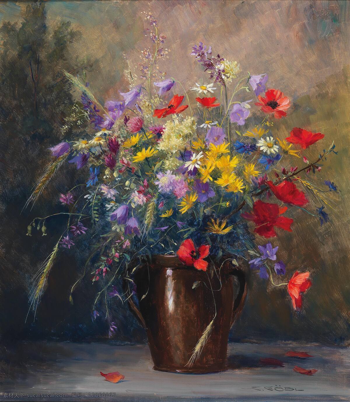 卡米拉 瓦尔 作品 夏花 陶罐 混搭鲜花 静物 19世纪油画 油画 文化艺术 绘画书法