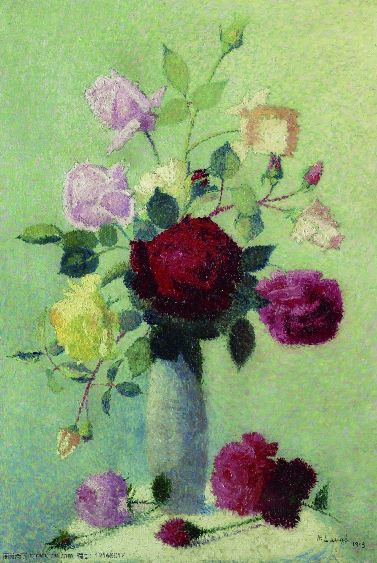 1919 花卉 水果 蔬菜 器皿 静物 印象 画派 写实主义 油画 装饰画 roses with vase lauge achille 荷花 玫瑰 百合 鲜花 实物 装饰素材