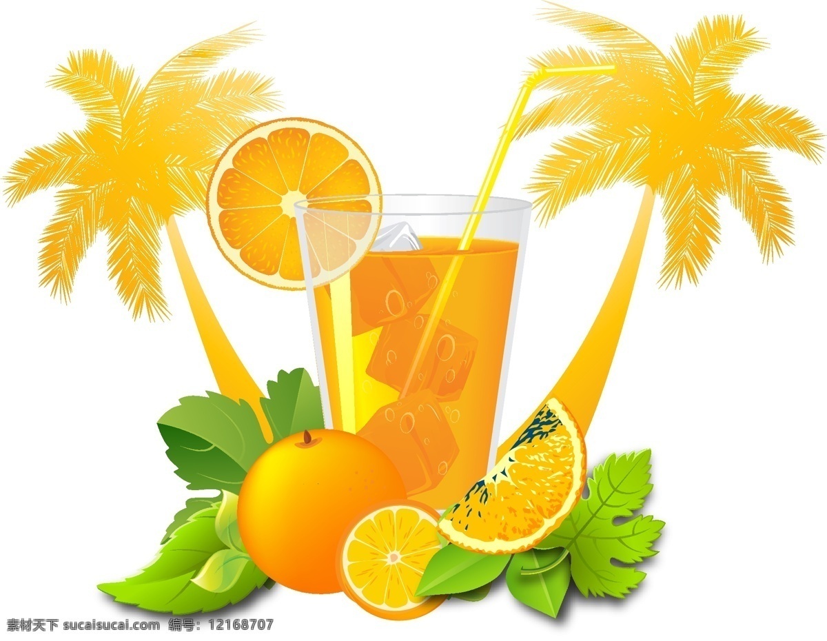 手绘 橙子 果汁 元素 清新 夏日 凉爽 绿叶 薄荷 矢量