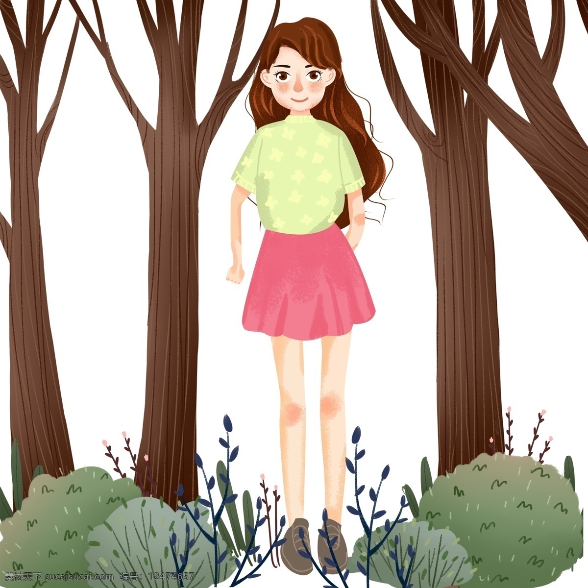 彩色 青春 女孩 元素 清楚 穿着 衣服 服装 长发 美女 眼睛裙子 可爱 灌木 植物 大自然 风景 景色 叶子