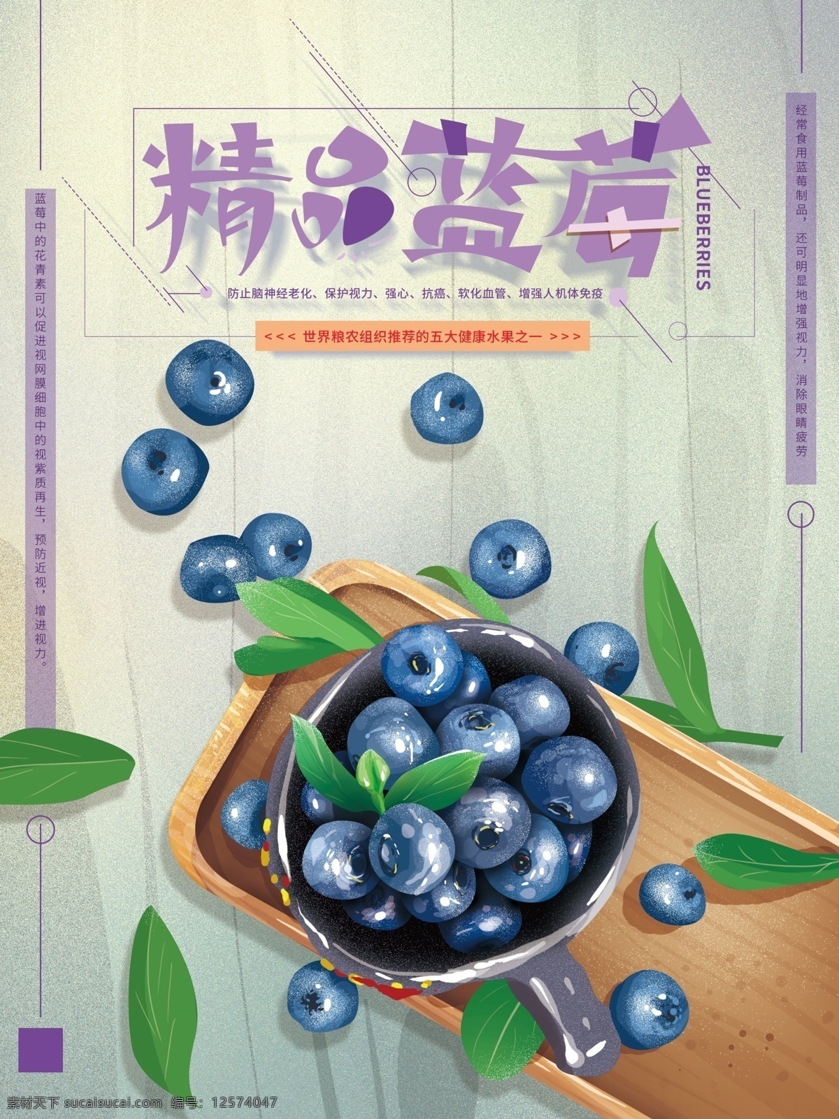 原创 手绘 清新 精品 蓝莓 海报 简约 美食