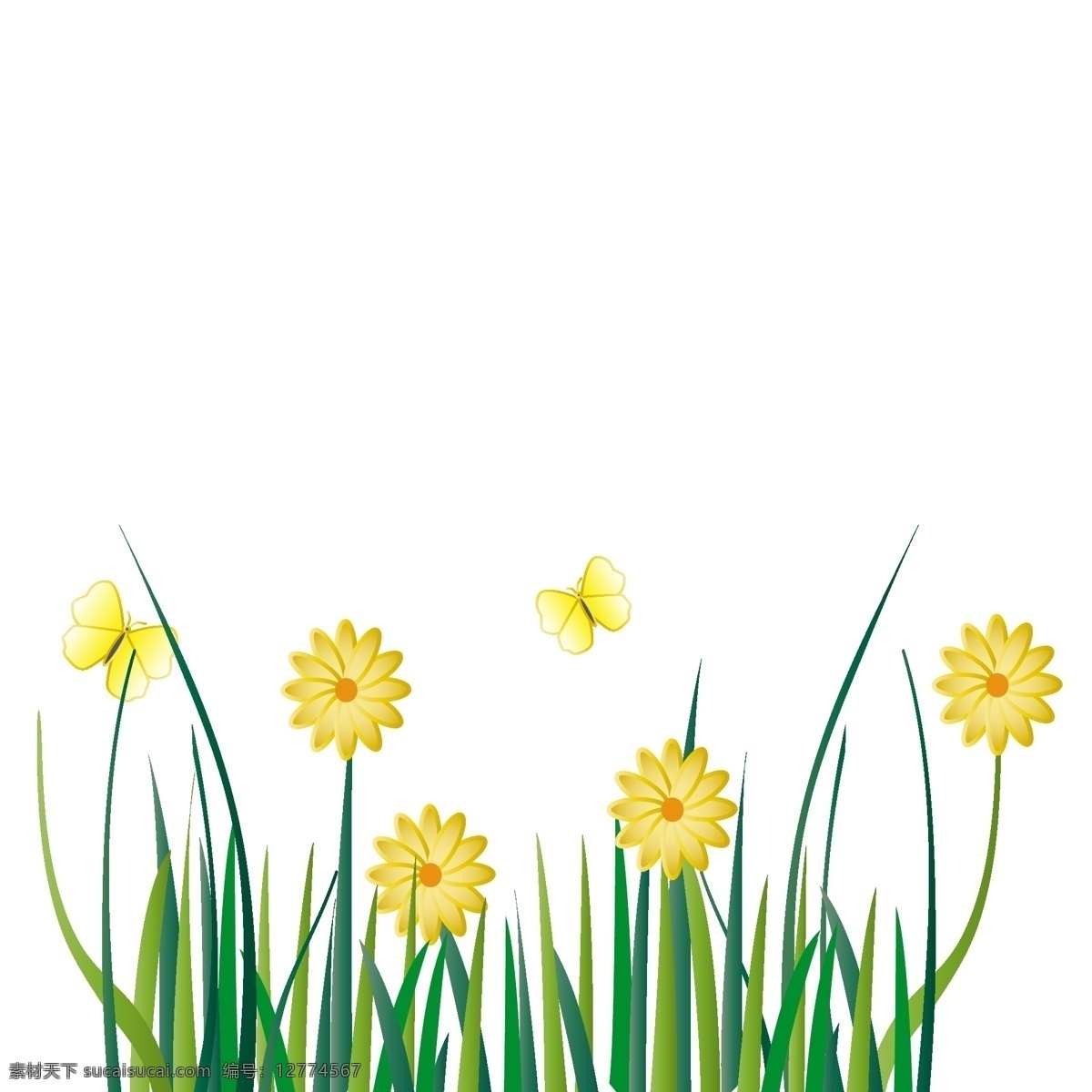 绿色 草丛 矢量 手绘 元素 夏日 蝴蝶 夏日香气 黄色 黄色花朵 黄色小花 花间 原创 装饰