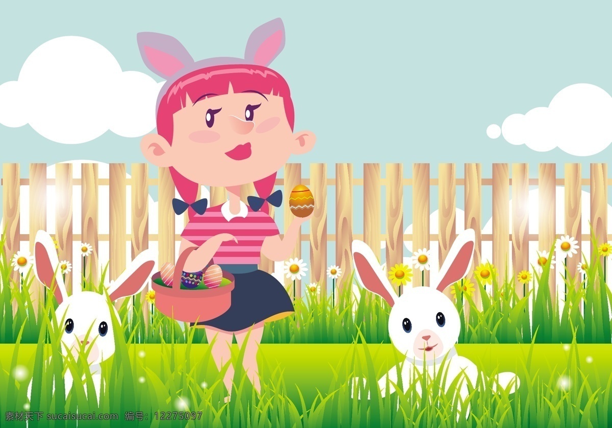 复活节 彩蛋 插画 彩蛋插画 复活节插画 矢量素材 兔子 孩子 篱笆 花园 植物