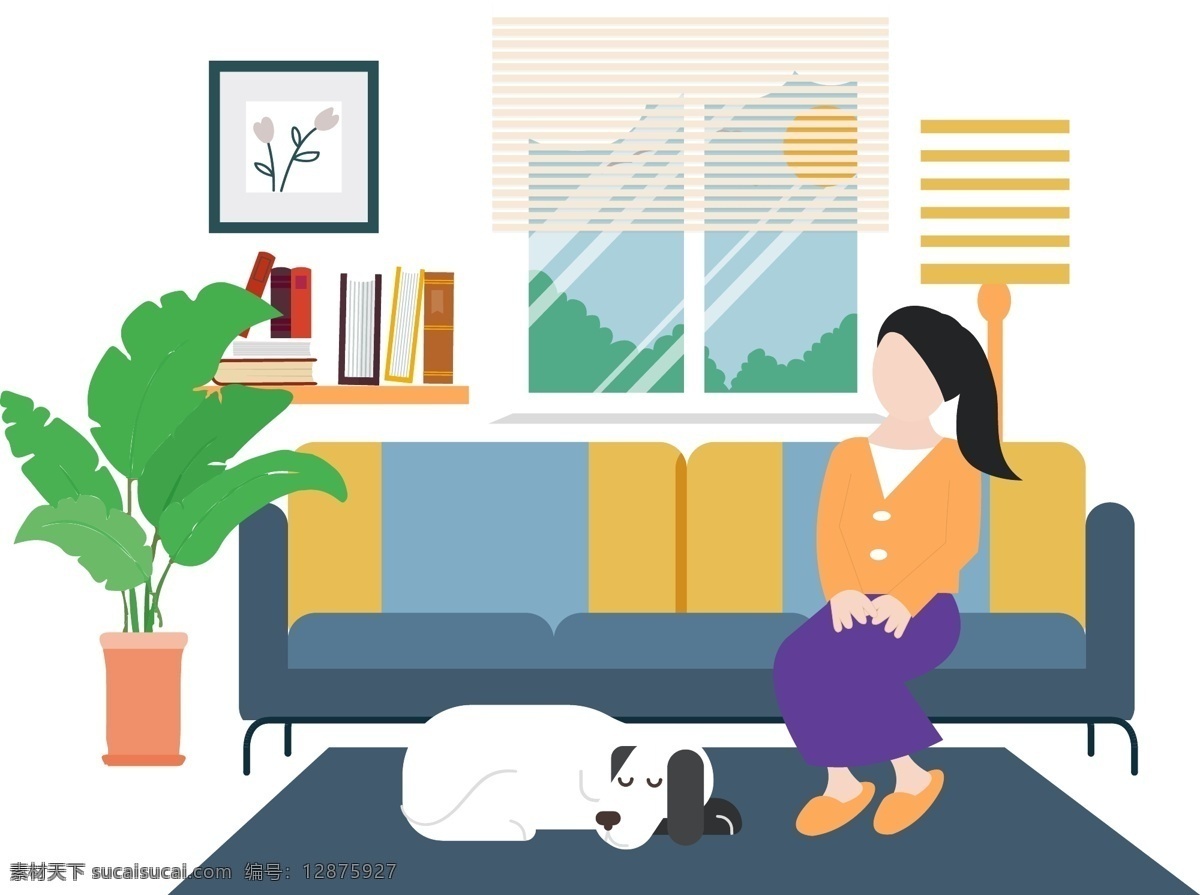 卡通 插画 风沙 发 上 坐 女人 室内 家具 家居 客厅 书本 卧室 家 宠物 睡觉的狗 窗子 盆栽 画