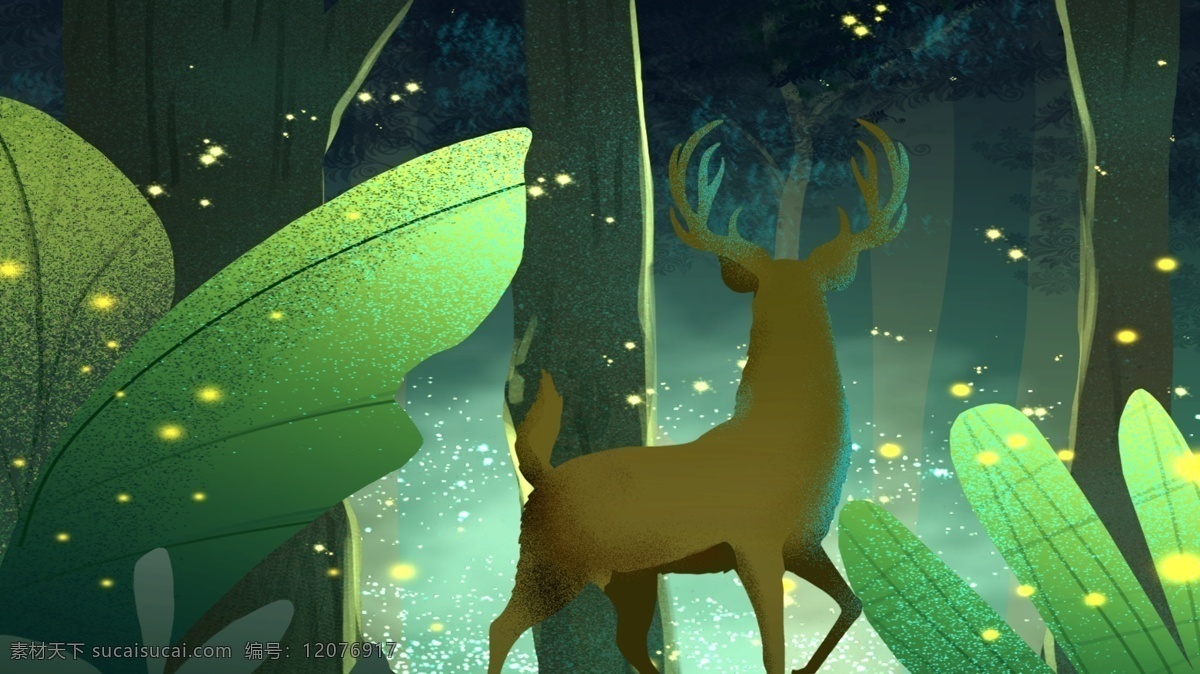 夜晚 森林 中 萤火虫 鹿 共舞 插画 绿色 小清新 手绘 麋鹿 手机配图