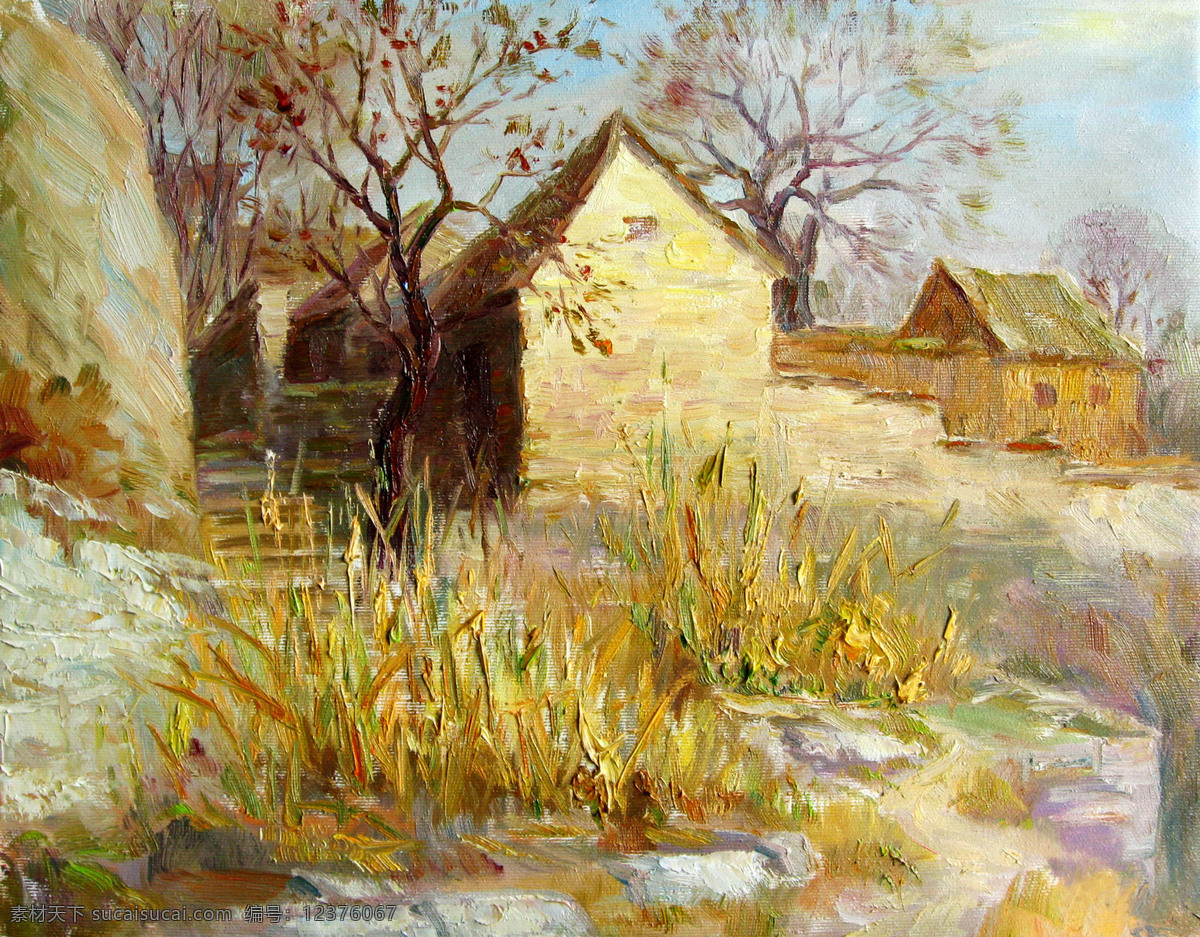 房屋 风景画 绘画书法 美术 农家 树木 文化艺术 农家秋光 油画 乡村 野草 油画艺术 油画作品38 家居装饰素材