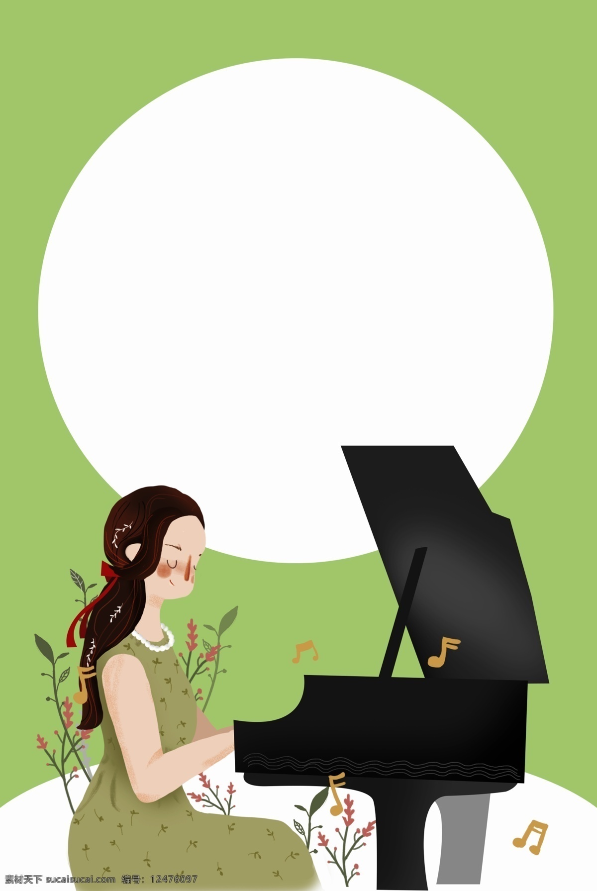 一个 女孩 绿色 环境 里 弹 钢琴 可爱 文艺 清新 五线谱 琴键 开心 音乐 乐曲 乐器