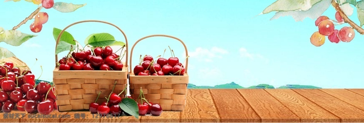 蓝色 夏季 新鲜 樱桃 促销 banner 背景 清新 夏季促销 绿色 健康 瓜果 农业 副产品 健康食品 健康饮食 天然