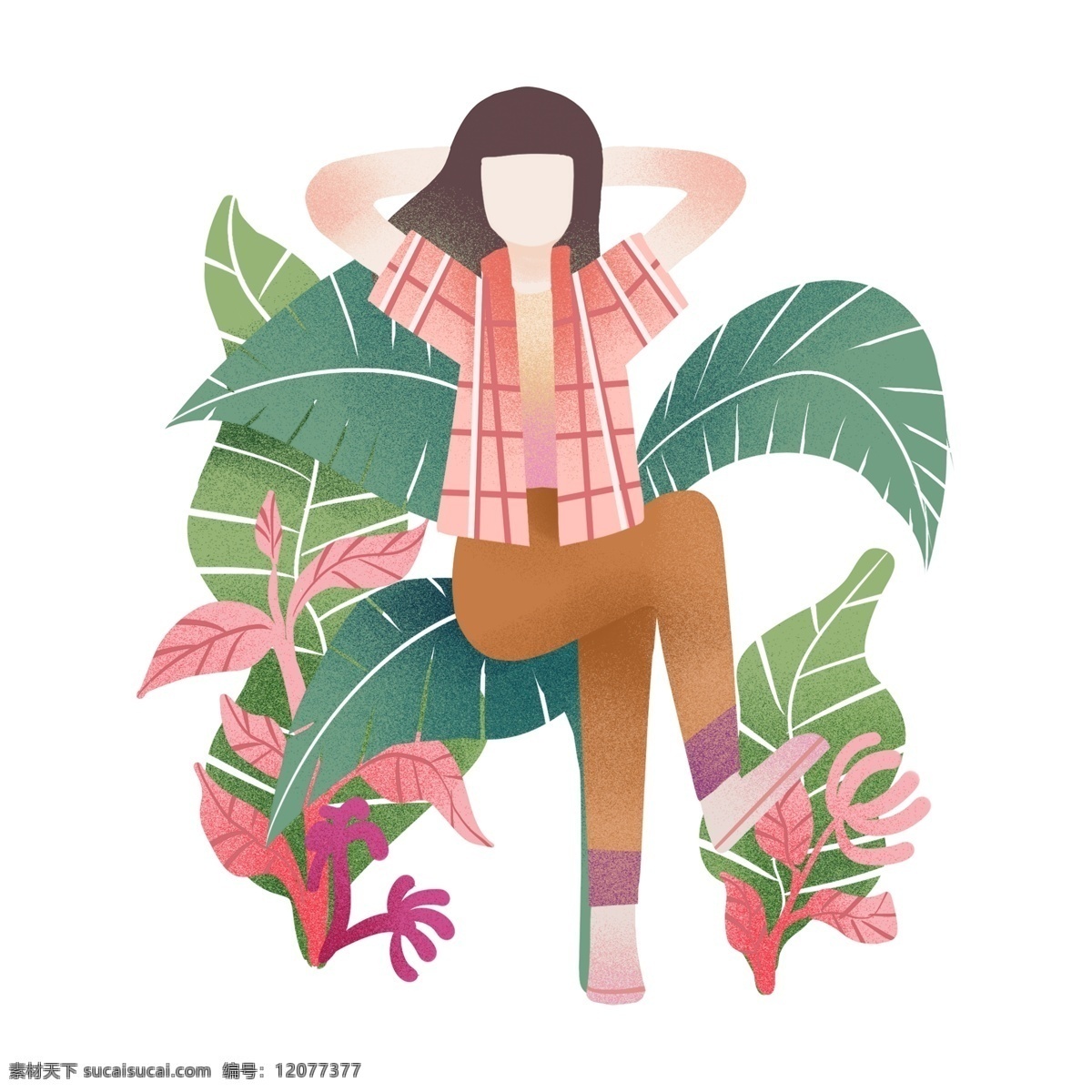 踏青 漂亮 小女孩 踏青人物插画 漂亮的小女孩 绿色的叶子 植物装饰 红色的小花 卡通人物 春天