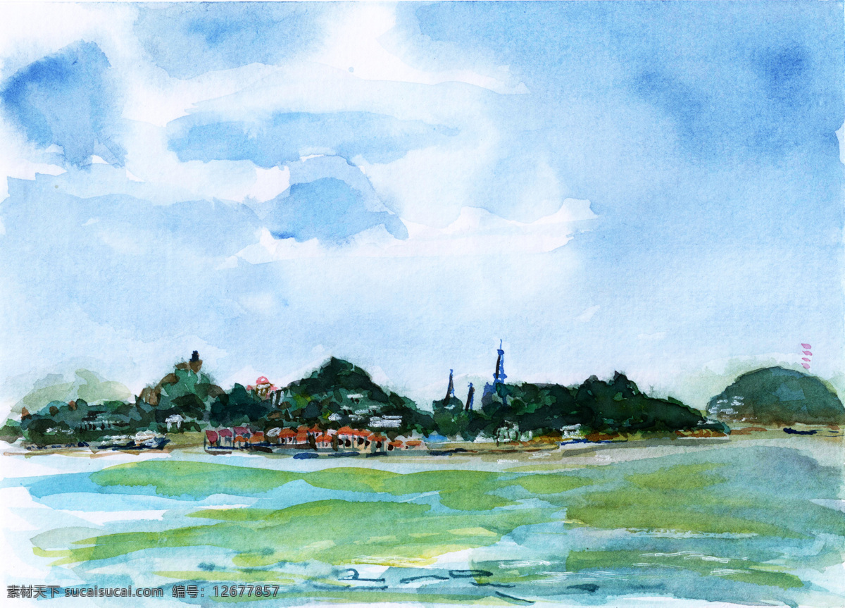 海边 沙滩 水彩画 蓝天天空 建筑 水墨画 图案 绘画 卡通风景 风景图片
