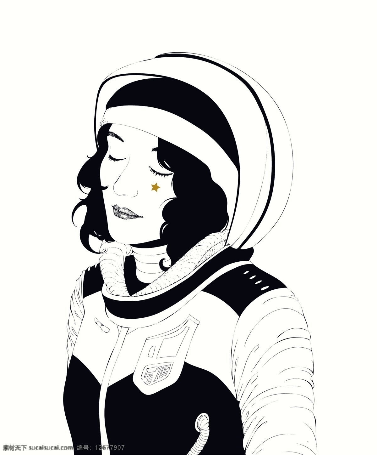 女 宇航员 短发 卡通 人物 宇航服 美女 素描 手绘 插画 矢量 文件
