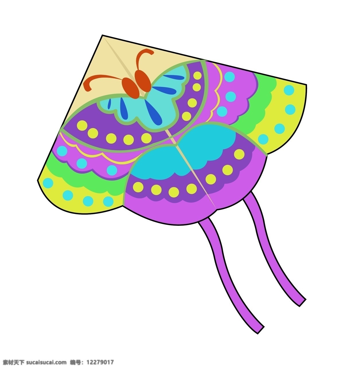 手绘 大 蝴蝶 风筝 插画 漂亮的蝴蝶 卡通插画 手绘风筝插画 漂亮的风筝 粉色的尾巴 飘荡的风筝